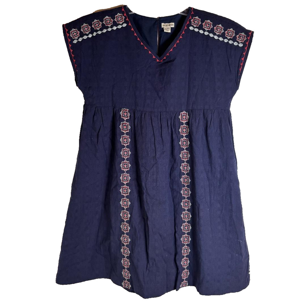Lucky Brand Black Iris Sophia Dress Girl's Size L Navy Peasant Retro 70's Boho